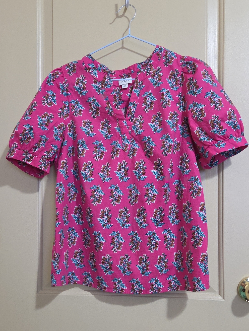 J. Crew Hot Pink Floral V-Neck Short Sleeve Blouse
